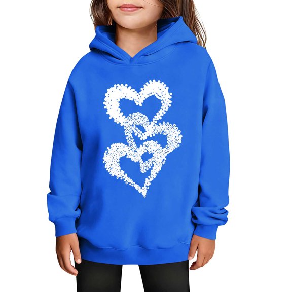 SERTG Girls Valentine's Hooded Sweatshirt Long Sleeve Casual with Heart Print Kids Spring Fall Fleece-Lined Solid Color Everyday Top(Blue,9 Years)