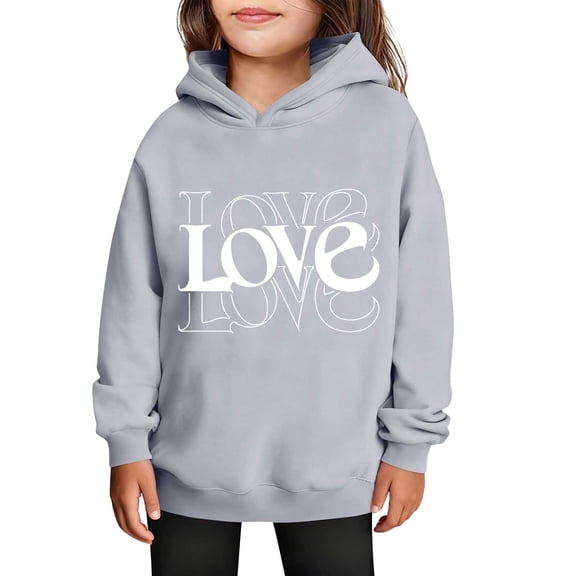 SERTG Girls Valentine's Hooded Sweatshirt Long Sleeve Casual with Heart Print Kids Spring Fall Fleece-Lined Solid Color Everyday Top(Gray#1,9 Years)