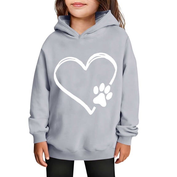 SERTG Girls Valentine's Hooded Sweatshirt Long Sleeve Casual with Heart Print Kids Spring Fall Fleece-Lined Solid Color Everyday Top(Gray,9 Years)