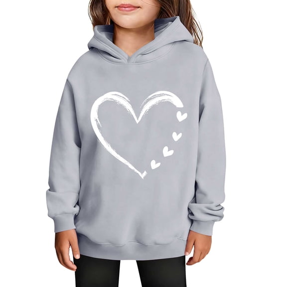 SERTG Girls Valentine's Hooded Sweatshirt Long Sleeve Casual with Heart Print Kids Spring Fall Fleece-Lined Solid Color Everyday Top(Gray,9 Years)