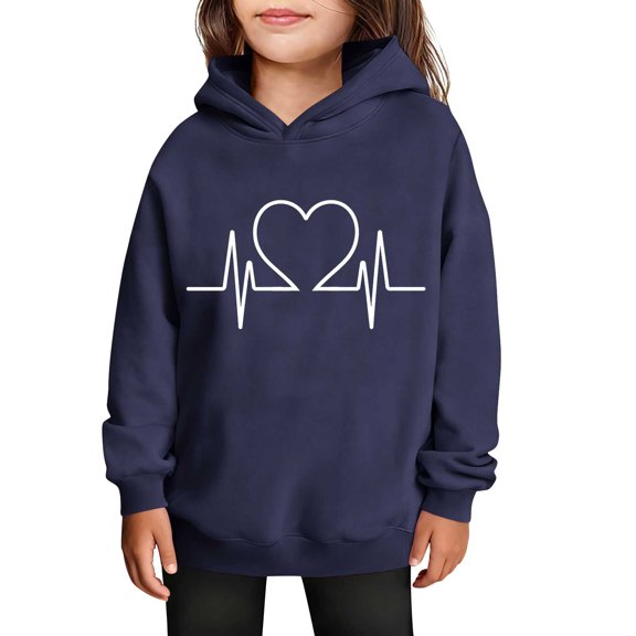 SERTG Girls Valentine's Hooded Sweatshirt Long Sleeve Casual with Heart Print Kids Spring Fall Fleece-Lined Solid Color Everyday Top(Navy,13 Years)