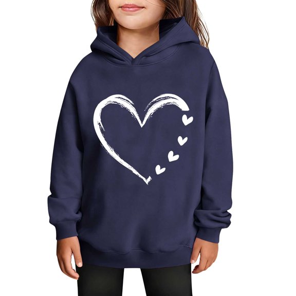 SERTG Girls Valentine's Hooded Sweatshirt Long Sleeve Casual with Heart Print Kids Spring Fall Fleece-Lined Solid Color Everyday Top(Navy,9 Years)