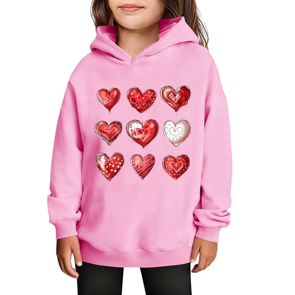 SERTG Girls Valentine's Hooded Sweatshirt Long Sleeve Casual with Heart Print Kids Spring Fall Fleece-Lined Solid Color Everyday Top(Pink,9 Years)