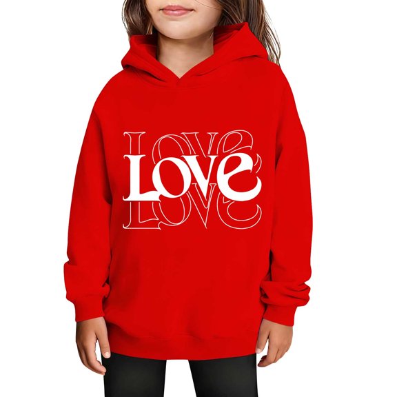 SERTG Girls Valentine's Hooded Sweatshirt Long Sleeve Casual with Heart Print Kids Spring Fall Fleece-Lined Solid Color Everyday Top(Red#1,9 Years)