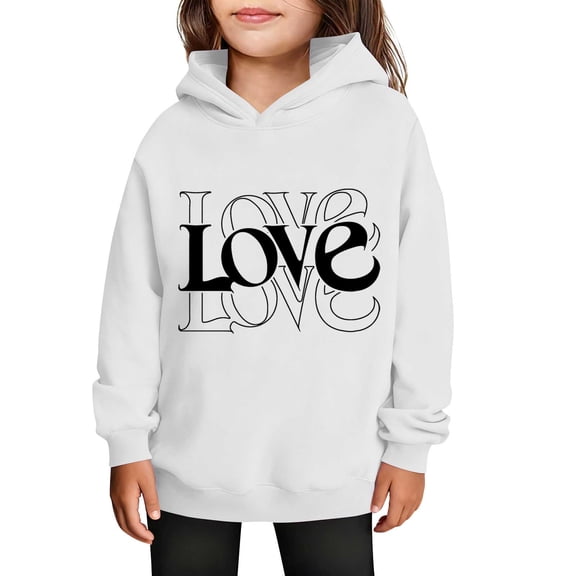SERTG Girls Valentine's Hooded Sweatshirt Long Sleeve Casual with Heart Print Kids Spring Fall Fleece-Lined Solid Color Everyday Top(White#1,9 Years)