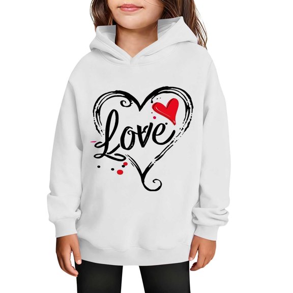 SERTG Girls Valentine's Hooded Sweatshirt Long Sleeve Casual with Heart Print Kids Spring Fall Fleece-Lined Solid Color Everyday Top(White#1,9 Years)