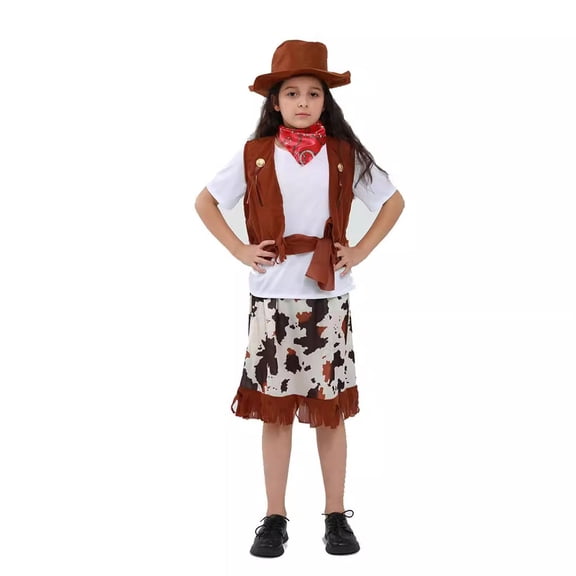SERTG Girls Western Cowboy 6-Piece Set with Vest Skirt Hat Belt and Bandana Kids Funny Playing Outfit(Khaki,11-14 Years)