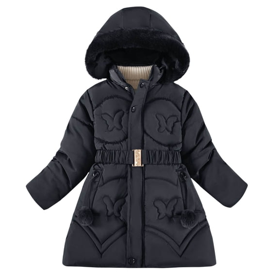 SERTG Girls Winter Bow Print Coat with Faux Hood Thermal Padded Long Sleeve Comfortable Outerwear for Kids 5-11 Years(Black,11-12 Years)
