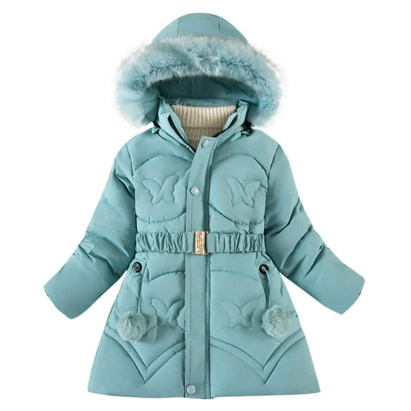 SERTG Girls Winter Bow Print Coat with Faux Hood Thermal Padded Long Sleeve Comfortable Outerwear for Kids 5-11 Years(Blue,7-8 Years)