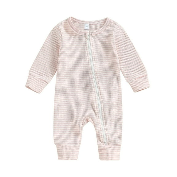 SERTG Infant Striped Zip-Front Bodysuit Round Neck Long Sleeve Sleeve Versatile Casual Outfit for Boys and Girs 0-18 Months(Pink,6 Months)