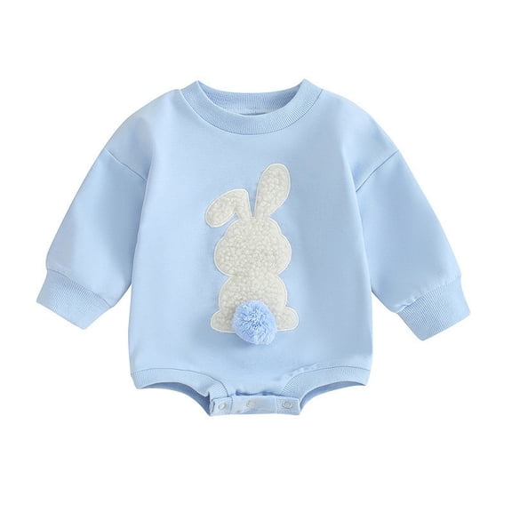 SERTG Kids Bunny Embroidery Set Romper Round Neck Long Sleeve Festive Spring Festival Outfit for Infants 1-18 Months(Blue,0-3 Months)