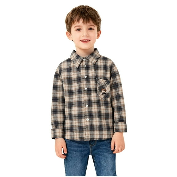 SERTG Kids Checkered Lapel Shirt with Pocket Classic T-Shirt Boys Girls Long Sleeve Spring Fall Winter Warm Comfortable Button Down Top(Blue#1,5-6 Years)