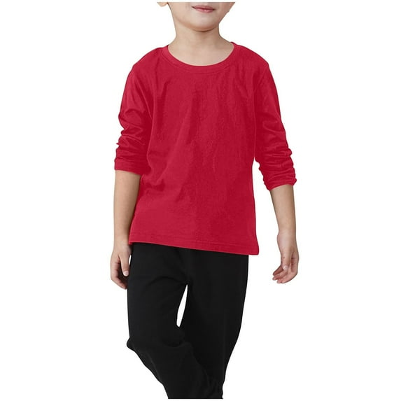 SERTG Kids Child and Child Long Sleeve Round Neck T Shirts Kids Basic Tee Solid Color Crewneck Casual Sport Tops Tees 2-11 Years(Red,5-6 Years)