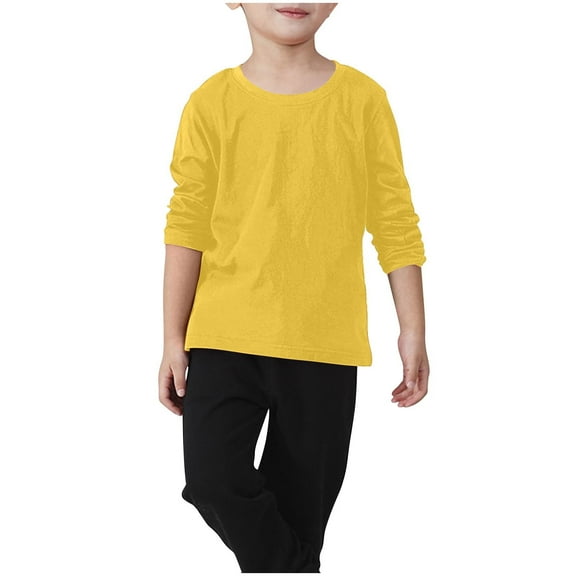 SERTG Kids Child and Child Long Sleeve Round Neck T Shirts Kids Basic Tee Solid Color Crewneck Casual Sport Tops Tees 2-11 Years(Yellow,3-4 Years)