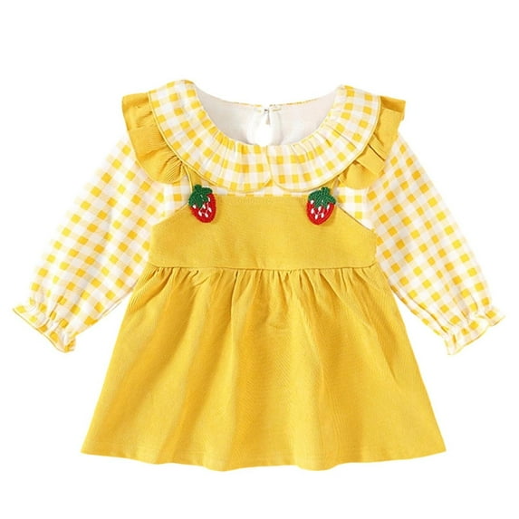 SERTG Kids Cute Pinafore Dress Turn Down Collar and Long Sleeves Casual Fall Winter Midi Skirt for Children 3-18 Years(Yellow#1,6 Months)