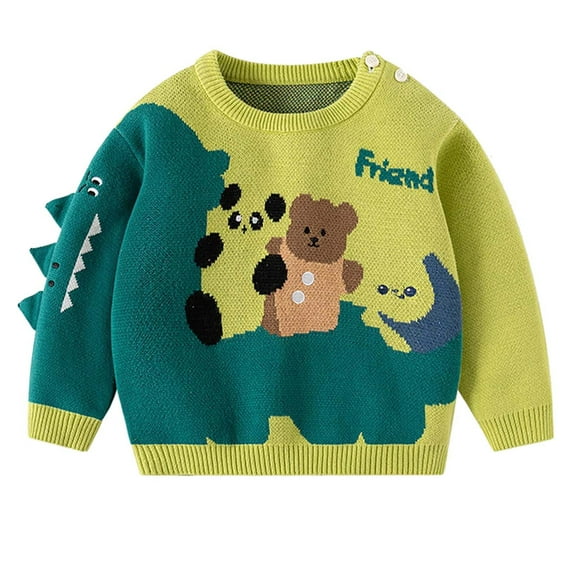 SERTG Kids Cute Print Knit Cardigan Sweater Cozy Warm Outerwear Round Neck Versatile Cover Fall Winter Coat for Children 3-9 Years(Green,9 Months)