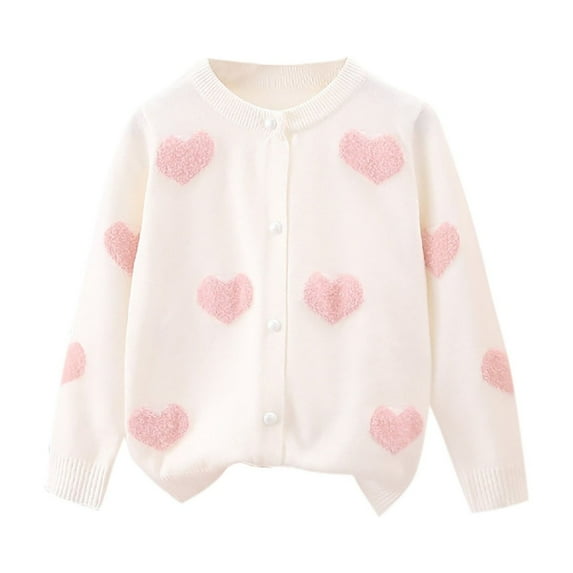 SERTG Kids Cute Print Knit Cardigan Sweater Cozy Warm Outerwear Round Neck Versatile Cover Fall Winter Coat for Children 3-9 Years(White,4 Years)