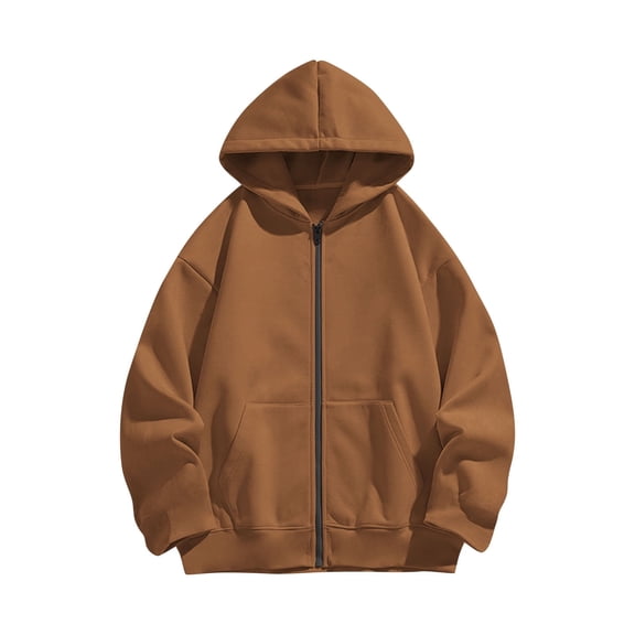 SERTG Kids Fashion Oversized Zip Solid Color Tops Casual Long Sleeves Hooded Fall Winter Sweatshirts Jackets with Pockets for Children 9-14 Years(Brown,7 Years)