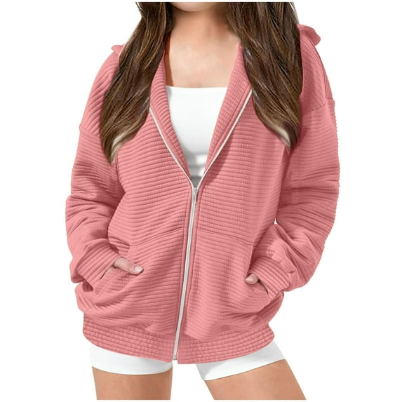 SERTG Kids Fashion Oversized Zip Solid Color Tops Casual Long Sleeves Hooded Fall Winter Sweatshirts Jackets with Pockets for Children 9-14 Years(Pink,7-8 years)