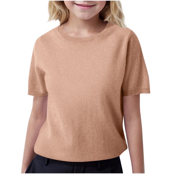 SERTG Kids Fashion Short Sleeves Knit Sweater Round Neck Fall Winter Casual Comfortable Pullover Tops for Children 6-15 Years(Gold#1,12-13 Years)