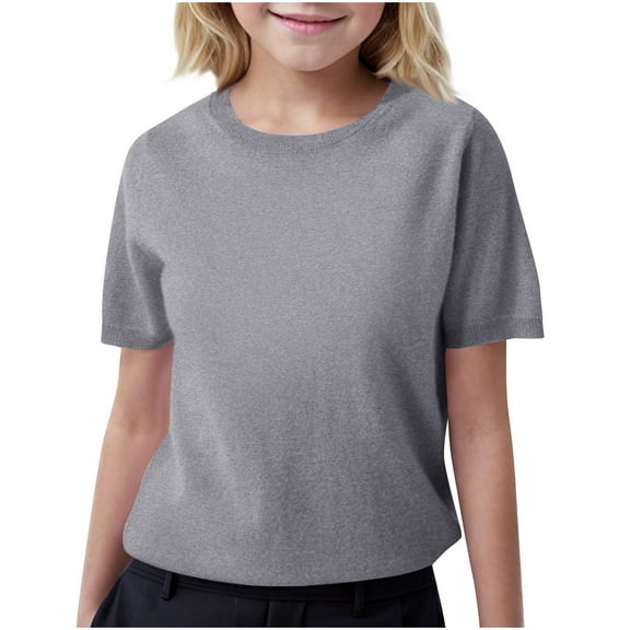 SERTG Kids Fashion Short Sleeves Knit Sweater Round Neck Fall Winter Casual Comfortable Pullover Tops for Children 6-15 Years(Gray,14-15 Years)
