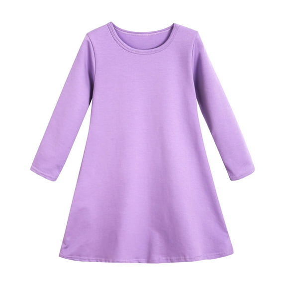 SERTG Kids Fashion Solid Color Dress Long Sleeve Casual Round Neck Fall Winter Skirt Comfortable for Children 2-12 Years(Purple,7 Years)