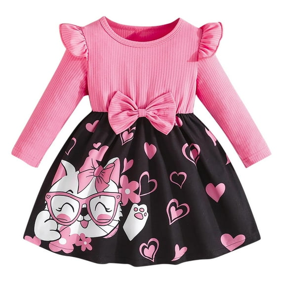 SERTG Kids Fashion Striped Long Sleeve Dress with Lace Round Neck Fall Winter Casual Midi Skirt for Children 2-8 Years(Pink#1,12 Months)