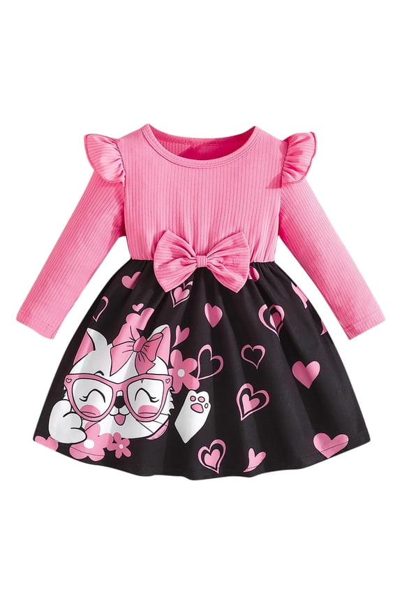 Kids Fashion Striped Long Sleeve Dress with Lace Round Neck Fall Winter Casual Midi Skirt for Children 2-8 Years(Pink#1,12 Months)