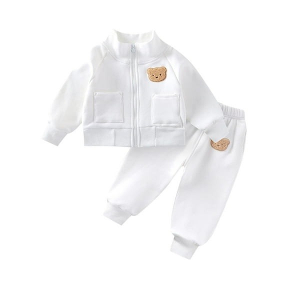 SERTG Kids Fleece Lined Bear Embroidery Round Neck Long Sleeve Tops and Pants Set Fall Winter Thermal Warm Cozy Playing Outfit for Children 1-6 Years(White,2 Years)