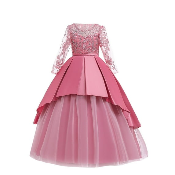 SERTG Kids Formal Gown Skirt Long Sleeve Round Neck Solid Color Tiered Skirt Party or Birthday for Children 4-8 Years(Pink#2,10 Years)