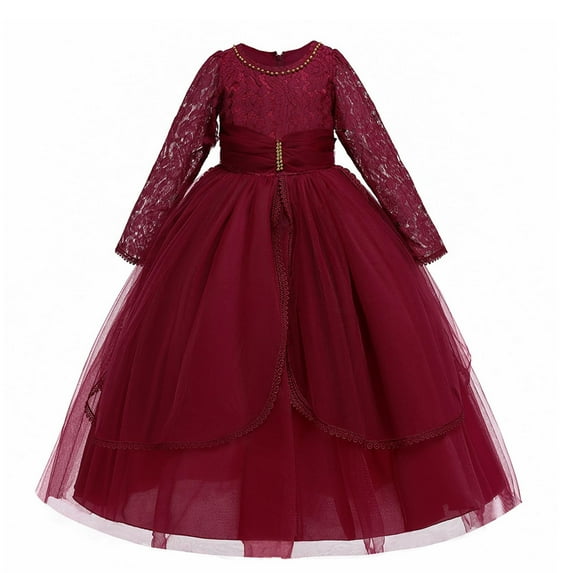 SERTG Kids Formal Gown Skirt Long Sleeve Round Neck Solid Color Tiered Skirt Party or Birthday for Children 4-8 Years(Red,12 Years)