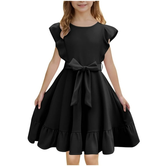 SERTG Kids Girls Solid Color Dress Flutter Sleeve Round Neck Waist Define Casual Everyday Skirts Comfort Fit Girls Fashion Dress(Black,5 Years)