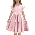 thumbnail image 1 of SERTG Kids Girls Solid Color Dress Flutter Sleeve Round Neck Waist Define Casual Everyday Skirts Comfort Fit Girls Fashion Dress(Pink,12 Years), 1 of 8
