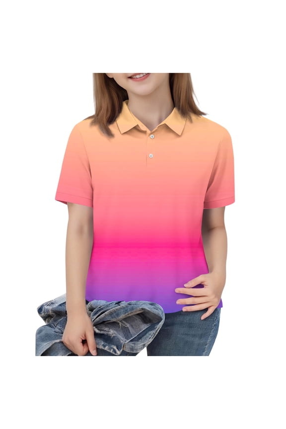 Kids Gradient Shirt Rainbow Ombre Short Sleeve Button Placket Casual Printed Top Lightweight Breathable Comfortable Polyester Blend For Boys And Girls