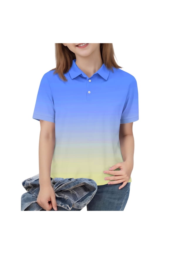 Kids Gradient Shirt Rainbow Ombre Short Sleeve Button Placket Casual Printed Top Lightweight Breathable Comfortable Polyester Blend For Boys And Girls