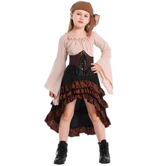 SERTG Kids' Halloween Pretend Play 4-Piece Set Puffed Short Sleeve Top + Skirt with Waist Cincher and Head Wrap Solid Color Festive Outfit for Children 3-8 Years(Khaki,8-9 Years)