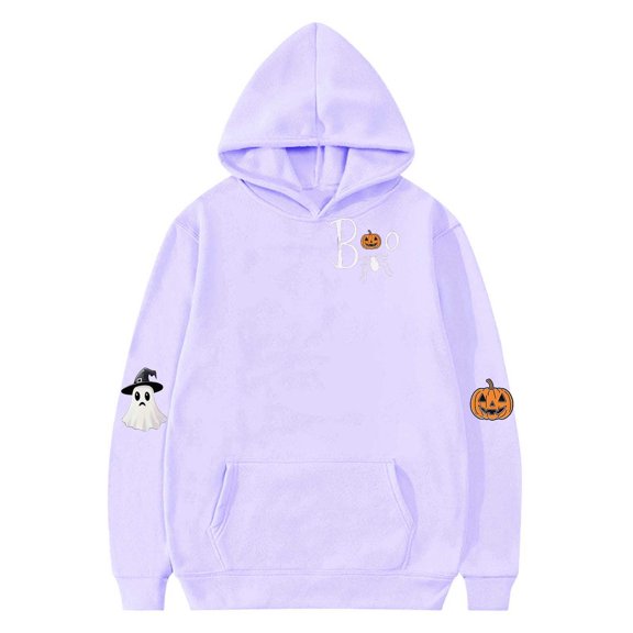 SERTG Kids Halloween Print Hooded Sweatshirt Fashion Loose Casual Printed Long Sleeved with Pockets Top for Children 2-13 Years(Purple,2-3 Years)