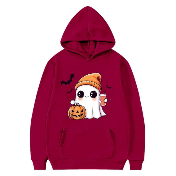 SERTG Kids Halloween Print Hooded Sweatshirt Fashion Loose Casual Printed Long Sleeved with Pockets Top for Children 2-13 Years(Wine,9-10 Years)