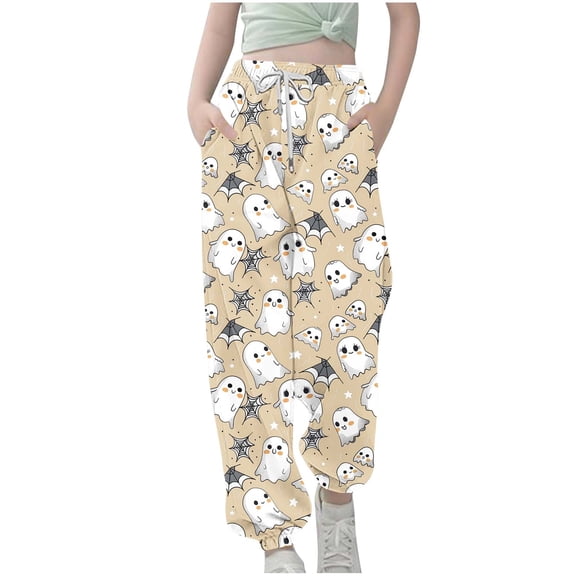 SERTG Kids Halloween Print Pants with Drawstring and Pockets Fall Festive Comfortable Casual Pants for Boys and Girls 4-12 Years(Beige#1,13-14 Years)