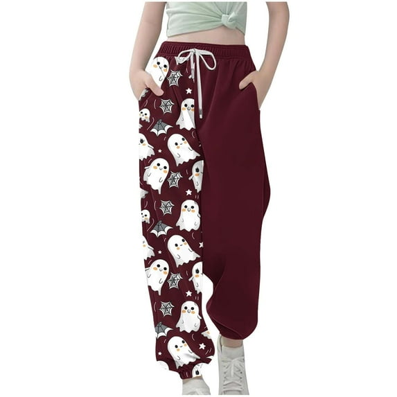 SERTG Kids Halloween Print Pants with Drawstring and Pockets Fall Festive Comfortable Casual Pants for Boys and Girls 4-12 Years(Wine,5-6 Years)