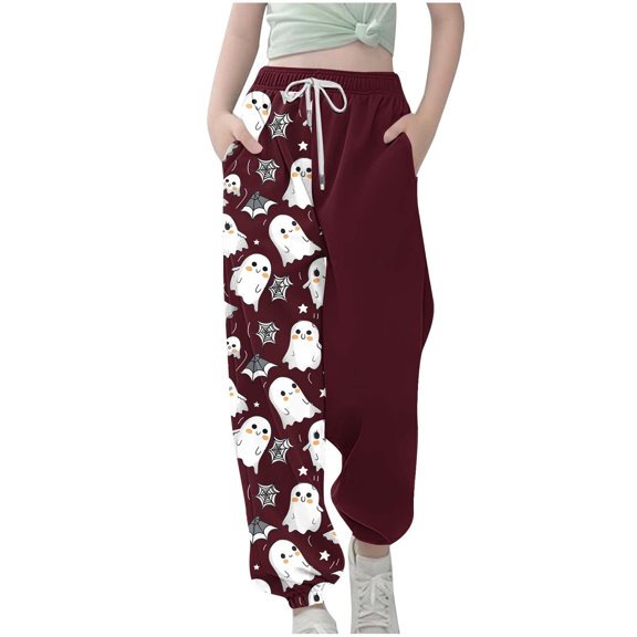 SERTG Kids Halloween Print Pants with Drawstring and Pockets Fall Festive Comfortable Casual Pants for Boys and Girls 4-12 Years(Wine,9-10 Years)