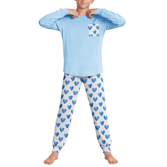 SERTG Kids Heart Print Homewear Set Long Sleeve Top and Pants with Pockets Unisex Spring Fall Winter Comfortable Soft Two-Piece Outfit(Light Blue,7 Years)
