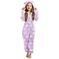 thumbnail image 1 of SERTG Kids Heart Print Hooded with Cute Bear Ears Double-Sided Fleece Fall Winter Zipper Front One-Piece Outfit Jumpsuit(Purple#2,14-15 Years), 1 of 5