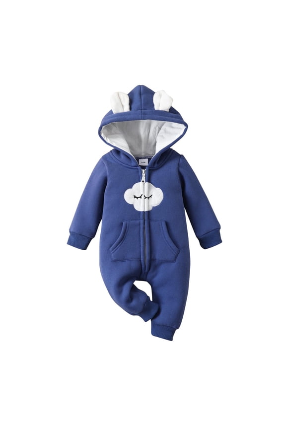 Kids Infant Bodysuit Hooded Coverall Cloud Print Fall Winter Long Sleeve Cozy Bodysuit for Children 0-18 Months(Dark Blue,3 Months)