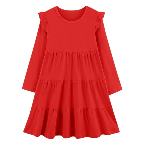 SERTG Kids Long Sleeve Casual Mesh Dress Spring Fall Fashion Skirt Princess Party Gown Elegant Performance for Children 3-9 Years(Red,14 Years)