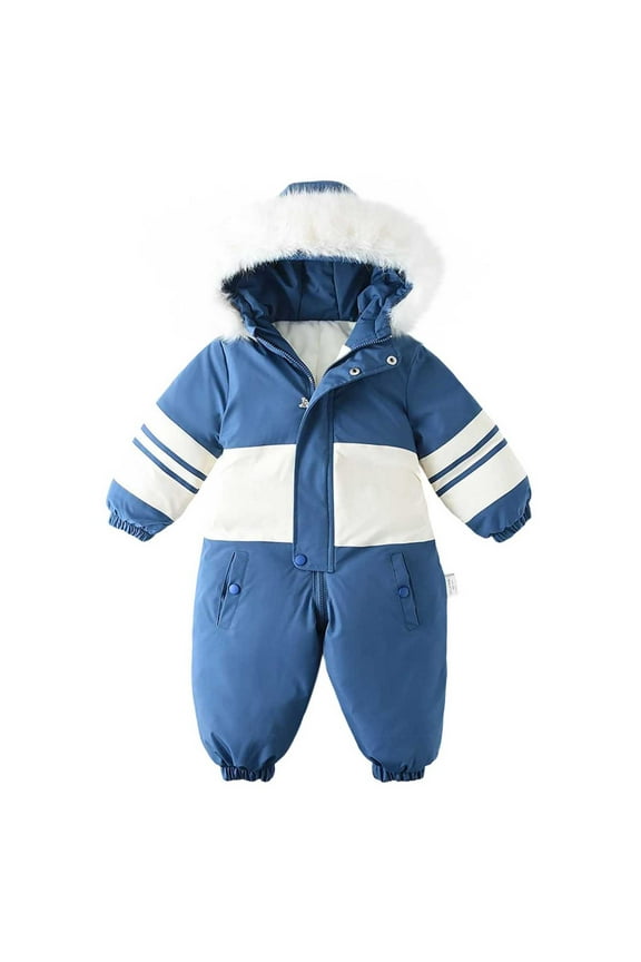 Kids One-Piece Hooded Ski Suit Hooded Plush Fleece-Lined Thickened Windproof Waterproof Fall Winter Thermal Snowsuit Outdoor Play Jumpsuit(Blue,3 Years)