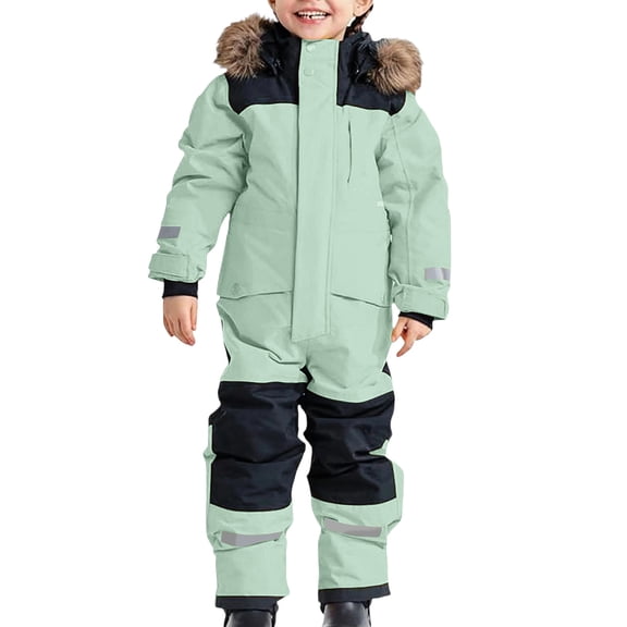 SERTG Kids One-Piece Ski Suit Set Waterproof Windproof Thermal Insulated Winter Snow Play Fleece-Lined Warm Outdoor Snowsuit Coat and Jumpsuit Set(Green,8-9 Years)