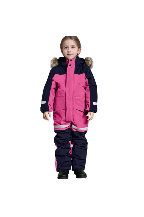Kids One-Piece Ski Suit Set Waterproof Windproof Thermal Insulated Winter Snow Play Fleece-Lined Warm Outdoor Snowsuit Coat and Jumpsuit Set(Hot Pink#2,6-7 Years)