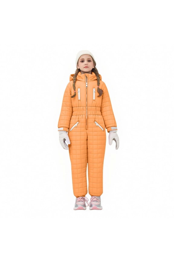 Kids One-Piece Ski Suit Set Waterproof Windproof Thermal Insulated Winter Snow Play Fleece-Lined Warm Outdoor Snowsuit Coat and Jumpsuit Set(Orange,11 Years)