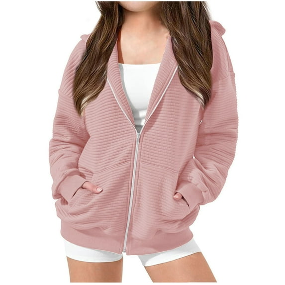 SERTG Kids Oversized Full Zip Hoodie Casual Long Sleeve Sweatshirts Solid Color Fall Winter Jackets with Pockets for Children 4-13 Years(Pink,6-7 Years)